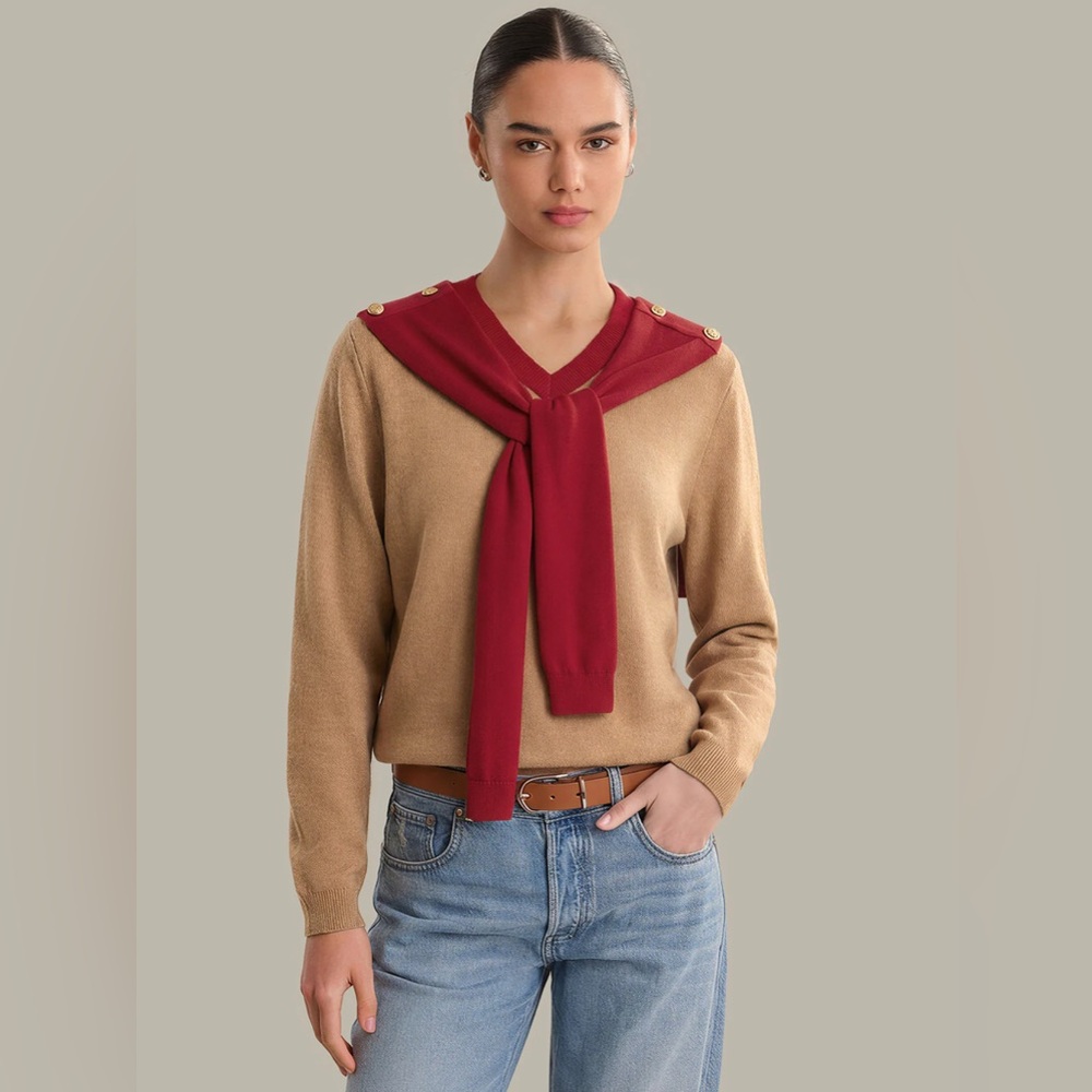 525 America Beige Sweater with Red V-Neck Trim